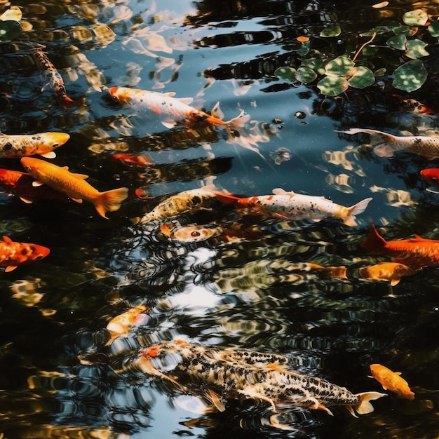 Photo a pond with koi fish in it and the word koi on the bottom.