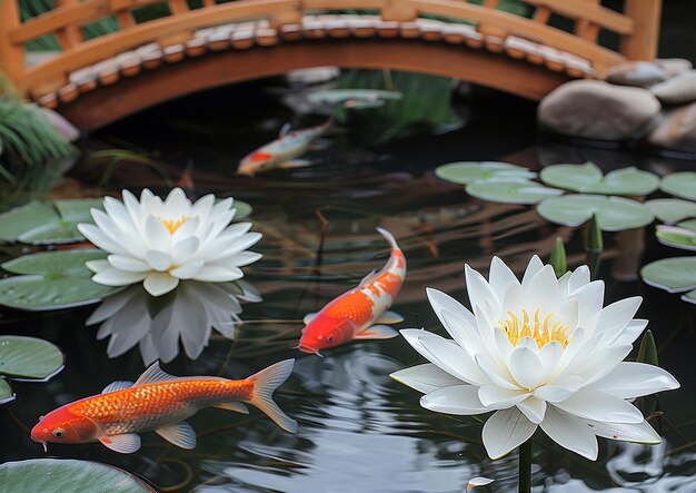 a pond with a koi and koi fish in it