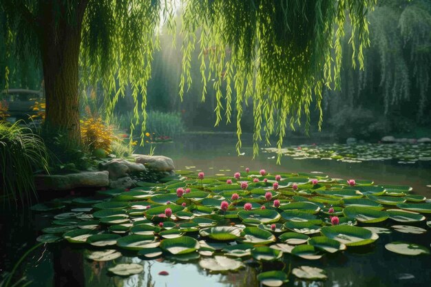 Photo pond with lily pads and a frog with a weeping willow tree