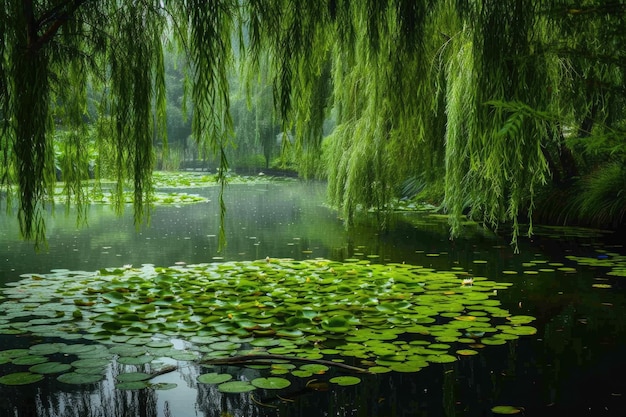 Photo pond with lily pads and a frog with a weeping willow tree