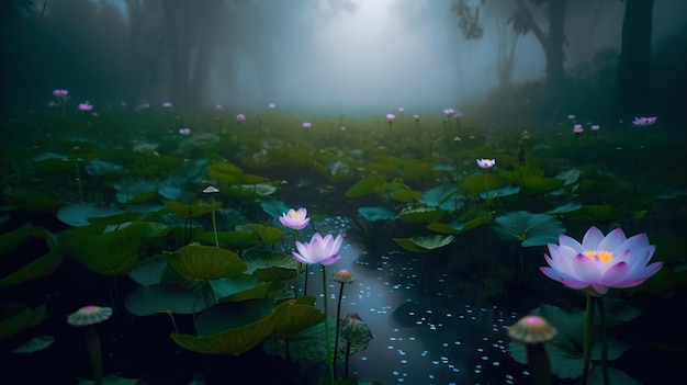 A pond with lotus flowers in the fog