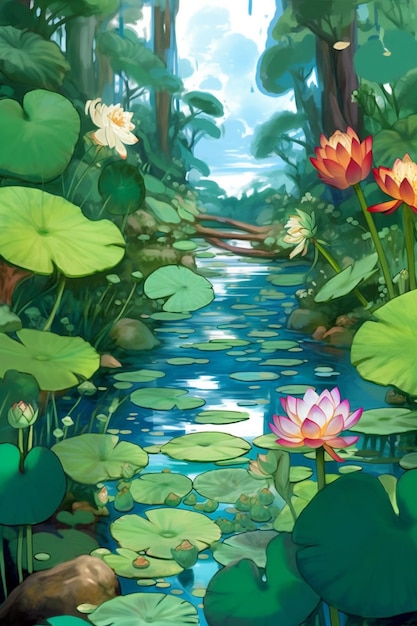 A pond with lotus flowers in it and a green leafy pond.