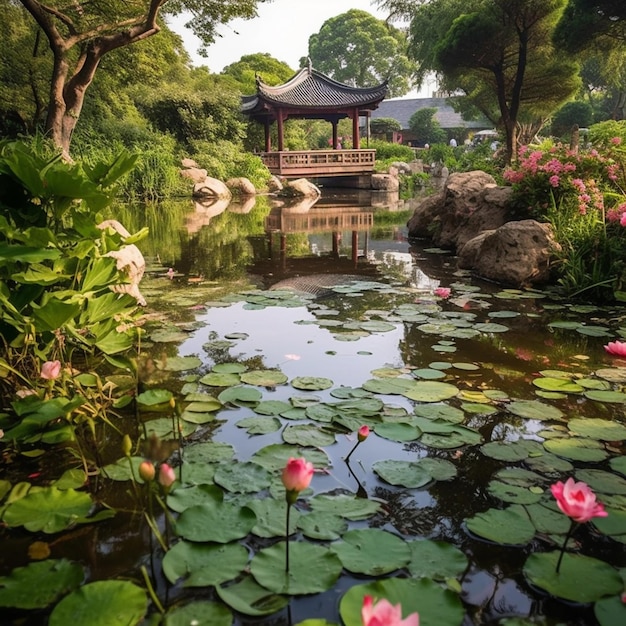 A pond with a pagoda and a bridge in the background