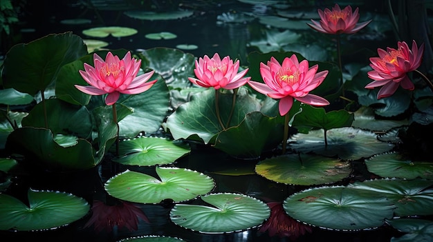 a pond with pink water lilies and green leaves