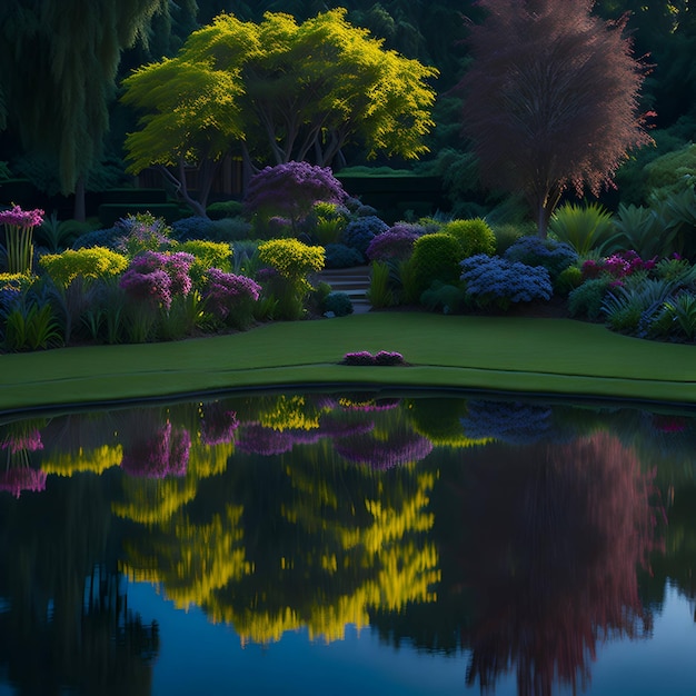 前景に紫とピンクの花と木がある池と池。