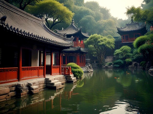 a pond with a red building and a red sign that says quot the number 4 quot