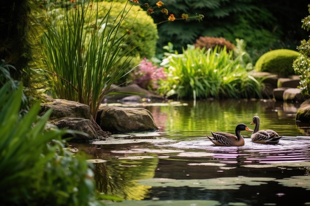 Photo a pond with resting ducks