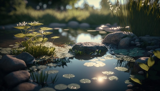 A pond with rocks and plants in the foreground and a green grass in the background.