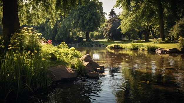 a pond with rocks and plants