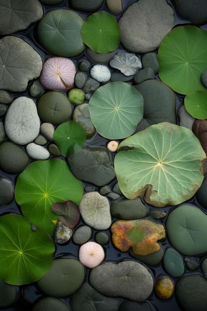Photo a pond with rocks and water plants and leaves