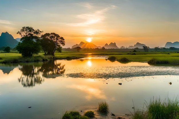 A pond with a sunset in the background