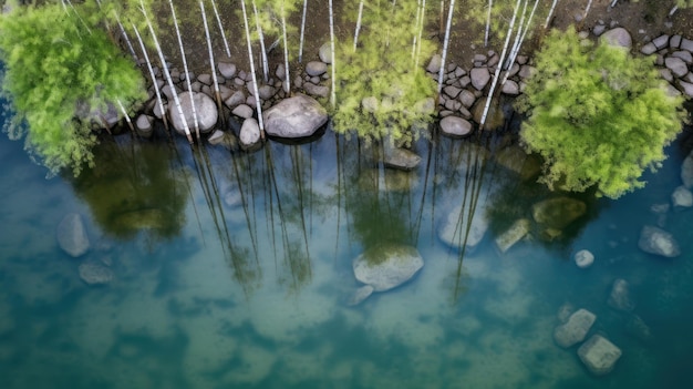 A pond with trees and rocks in the foreground and a blue sky.