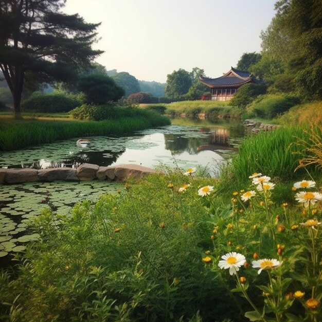 사원을 배경으로 보이는 연못.