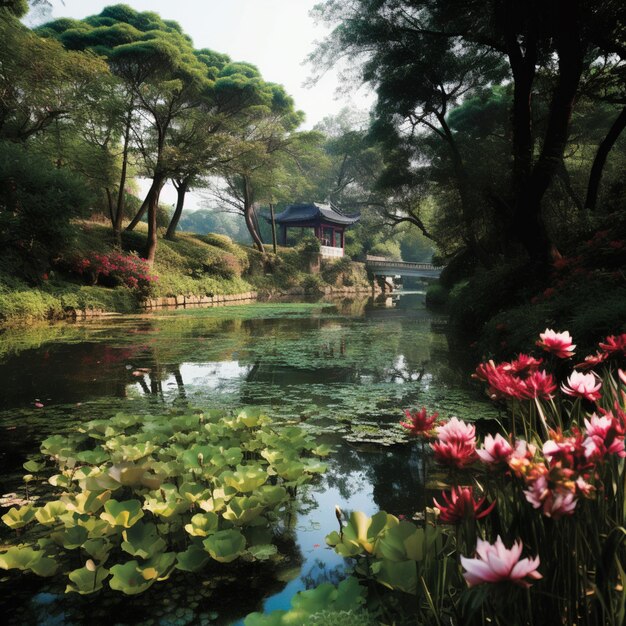 A pond with water and flowers and a house in the background