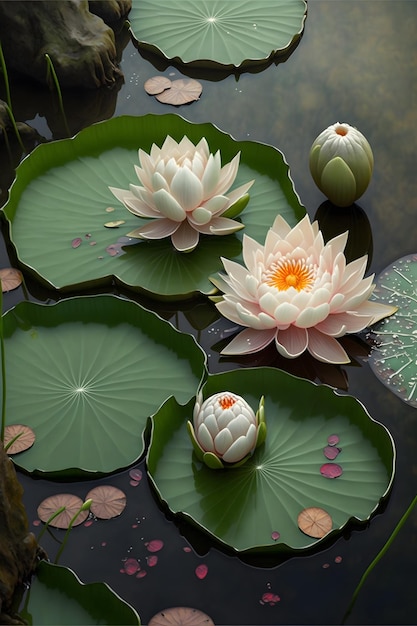 A pond with water lilies and flowers.