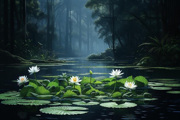 a pond with water lilies and a forest in the background