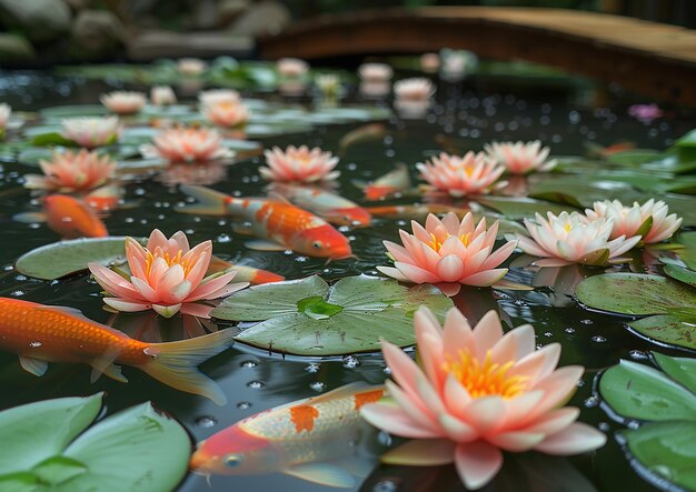 a pond with water lilies and lily pads on it