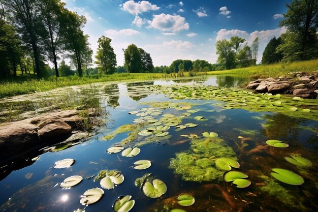 Photo ponds with frogs and tadpoles