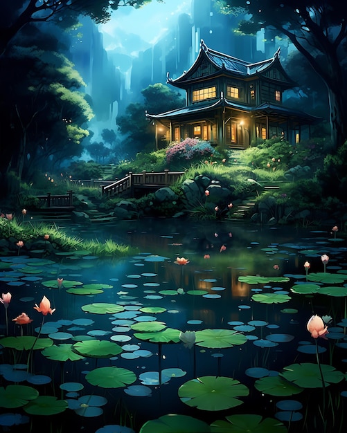 Pondside asian house with flowers and lilies