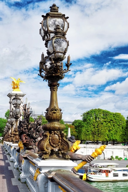 Photo pont alexandre iii bridge (1896) spanning the river seine. decorated with ornate art nouveau lamps and sculptures .paris.france