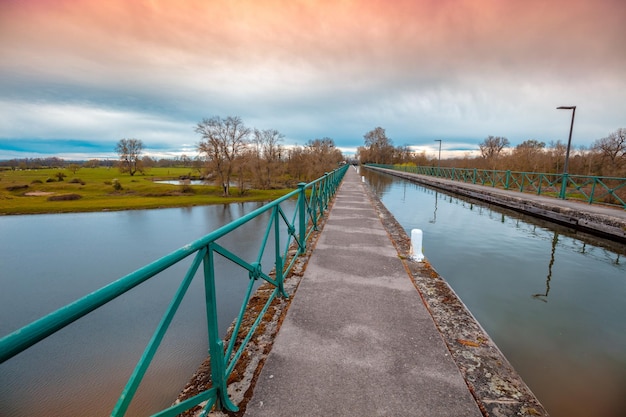 Pont aqueduct Boat canal bridge over Laura river in early spring Digoin canal bridge Digoin France