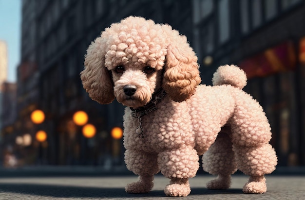 Poodle in city Cute curly dog on walk along city street Generative AI