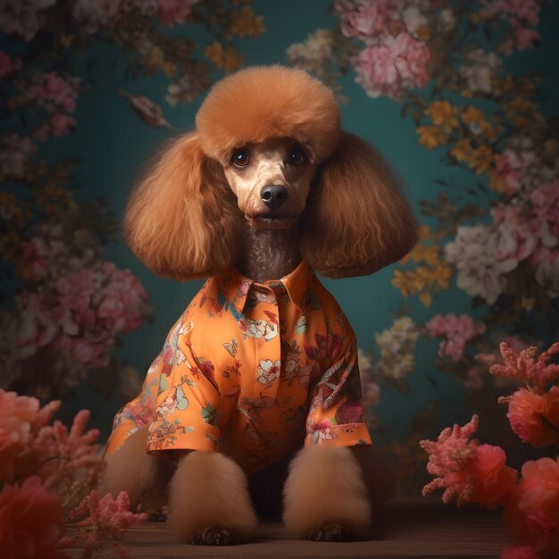 Foto cane barboncino animale in abbigliamento floreale e sfondo