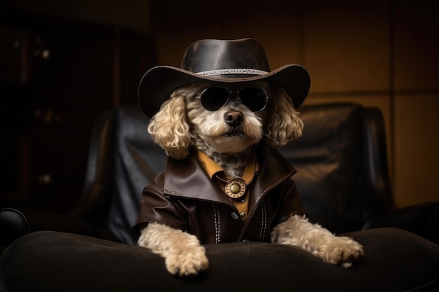 Photo poodle dog dressed as a cowboy at work