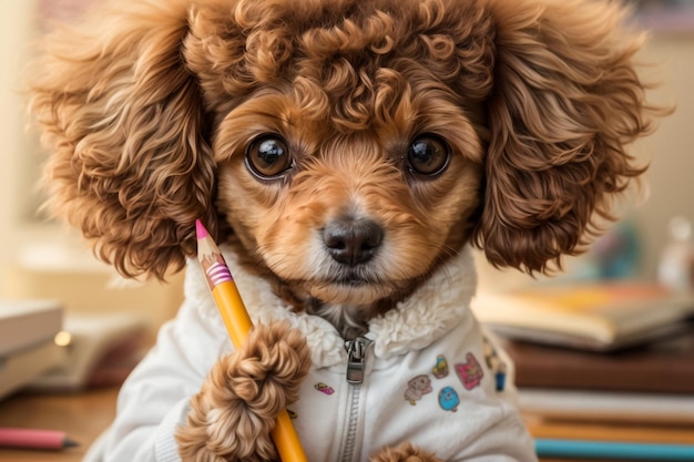 写真 読書メガネのプードル犬が絵本ペンリンゴその他の学校用品を手に入れたテーブルに座っています