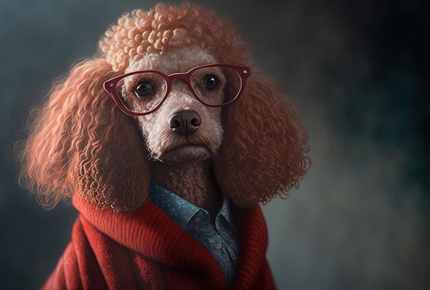 Poodle dog portrait with a cozy red coat and spectacles