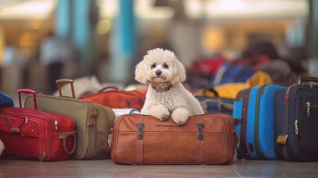 Poodle dog sits at the bus station near the luggage The dog is waiting for the man at the airport