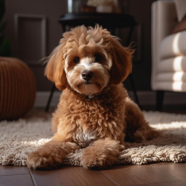 Фото Собака-пудель сидит дома на ковре, очаровательный компаньон для размера поста в социальных сетях