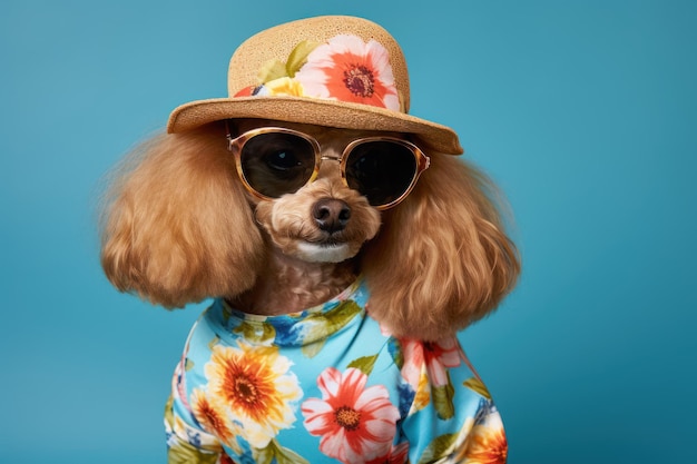 Photo a poodle dog wearing a hat with sunglasses and a hawaiian dress