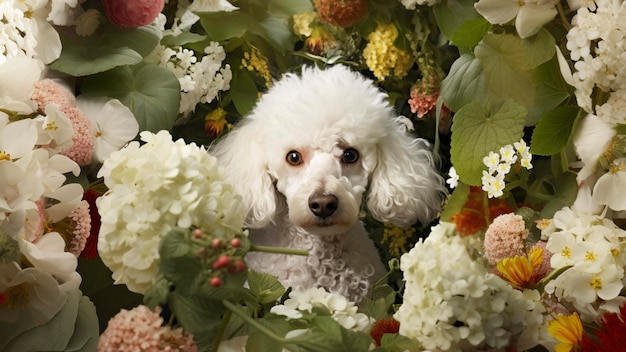 Photo poodle in a garden with white flowers