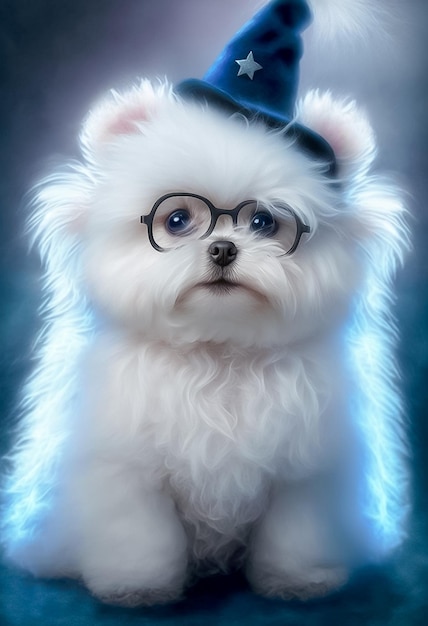 Poodle in hat and glasses on dark background AI generated