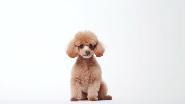 A poodle is sitting on a white background.