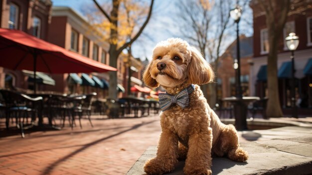 A poodle posing in a classic city setting