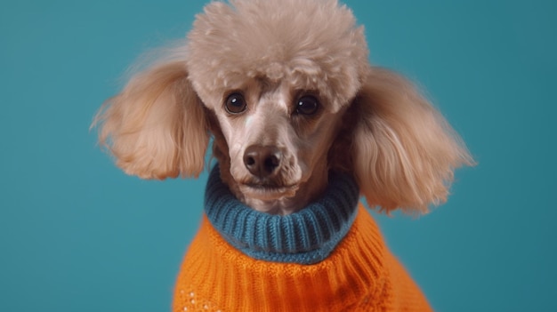 A poodle wearing a blue sweater with a blue background