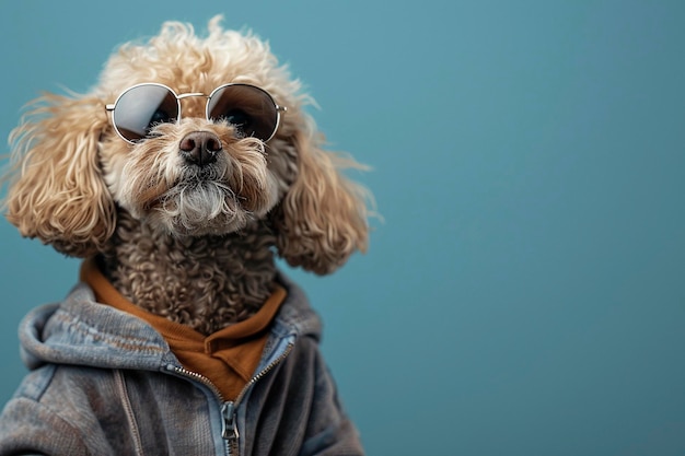 Poodle wearing clothes and sunglasses on Blue background