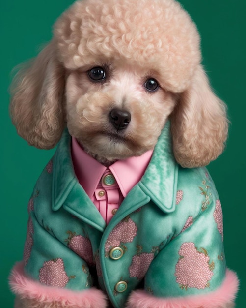 A poodle wearing a green jacket with pink flowers on it.