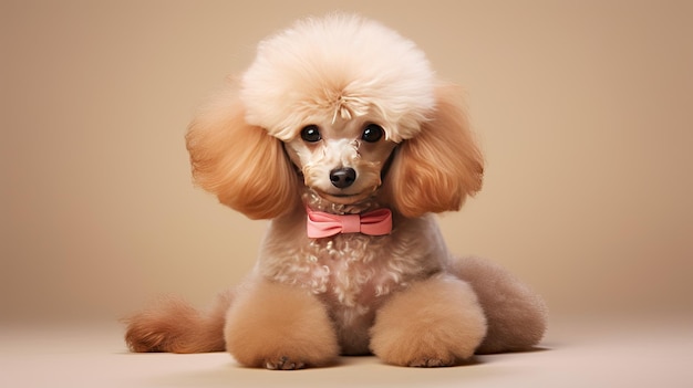 A poodle wearing a pink bow tie with a pink bow on it