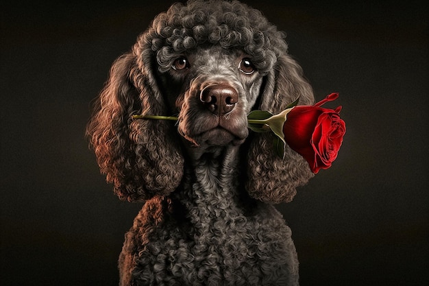 A poodle with a red rose in its mouth