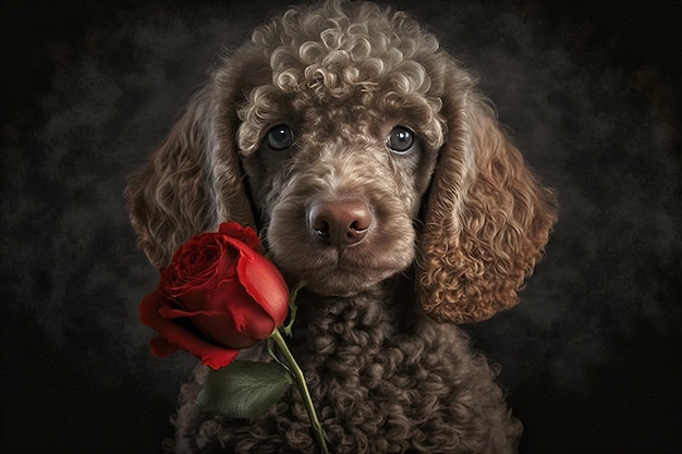 A poodle with a red rose in its mouth