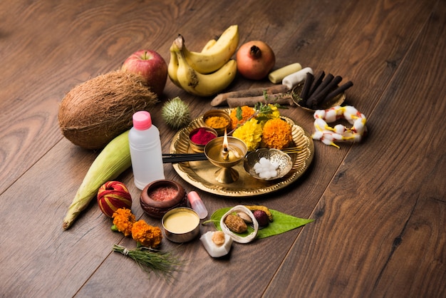 Pooja Material, items or Puja Sahitya in Hindu Religion from India, arranged in a group. selective focus