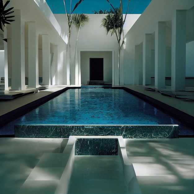 Дизайн архитектуры бассейна с белым мраморным камнем