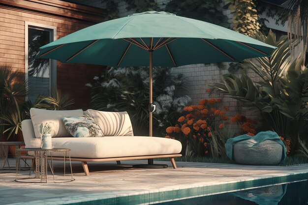 A pool area with a green umbrella and a lounge chair.