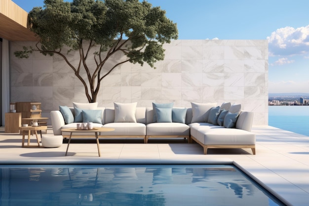 a pool backyard with a light concrete wall photorealistic inspiration ideas
