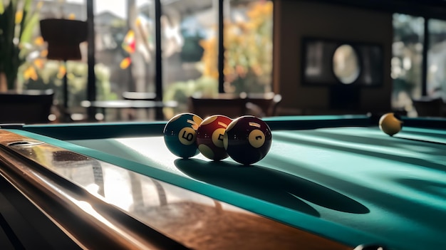 Pool balls on a pool table in a bar