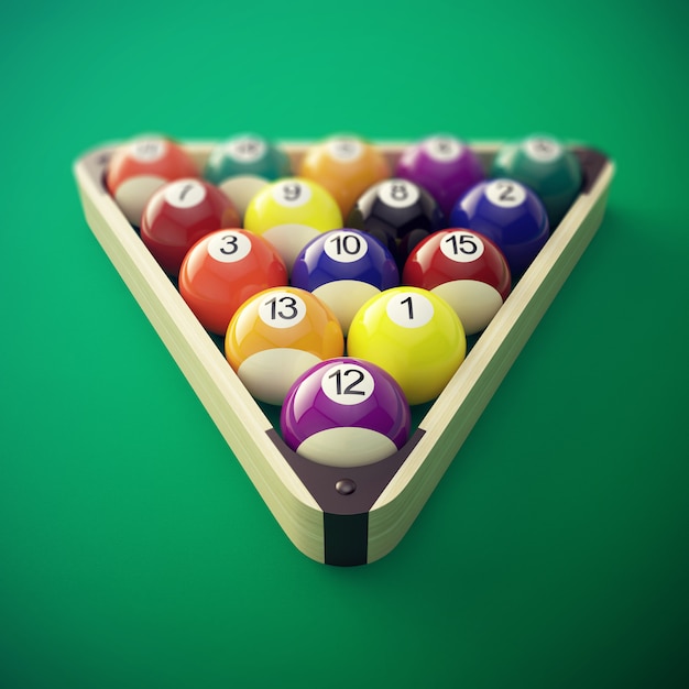 Pool billiard balls in a wooden rack. 