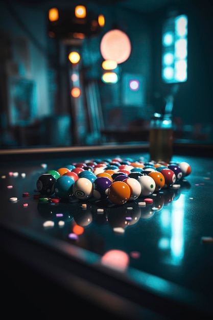 Pool or billiards balls on light blue tableAI Generated